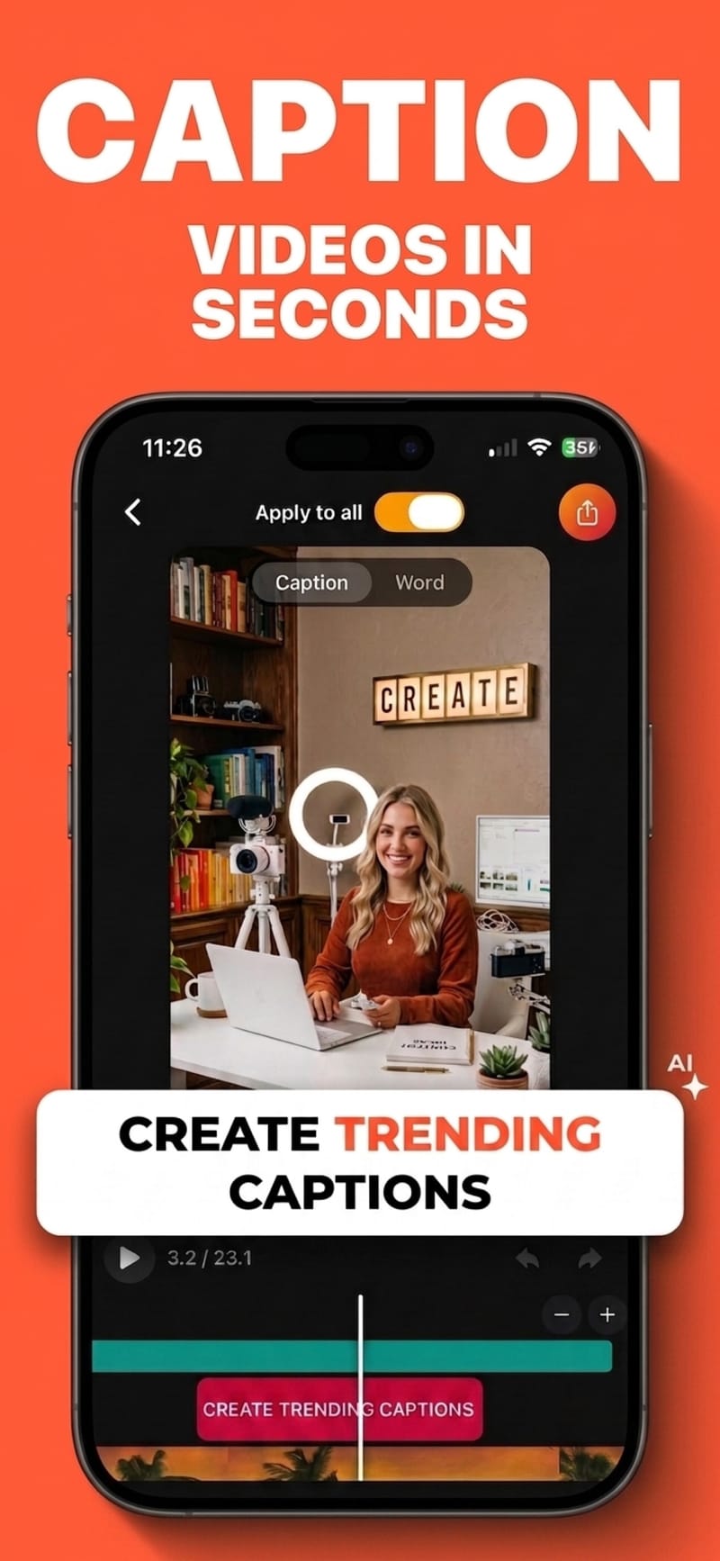 Viten editor showing word-level animated captions burned onto a vertical video